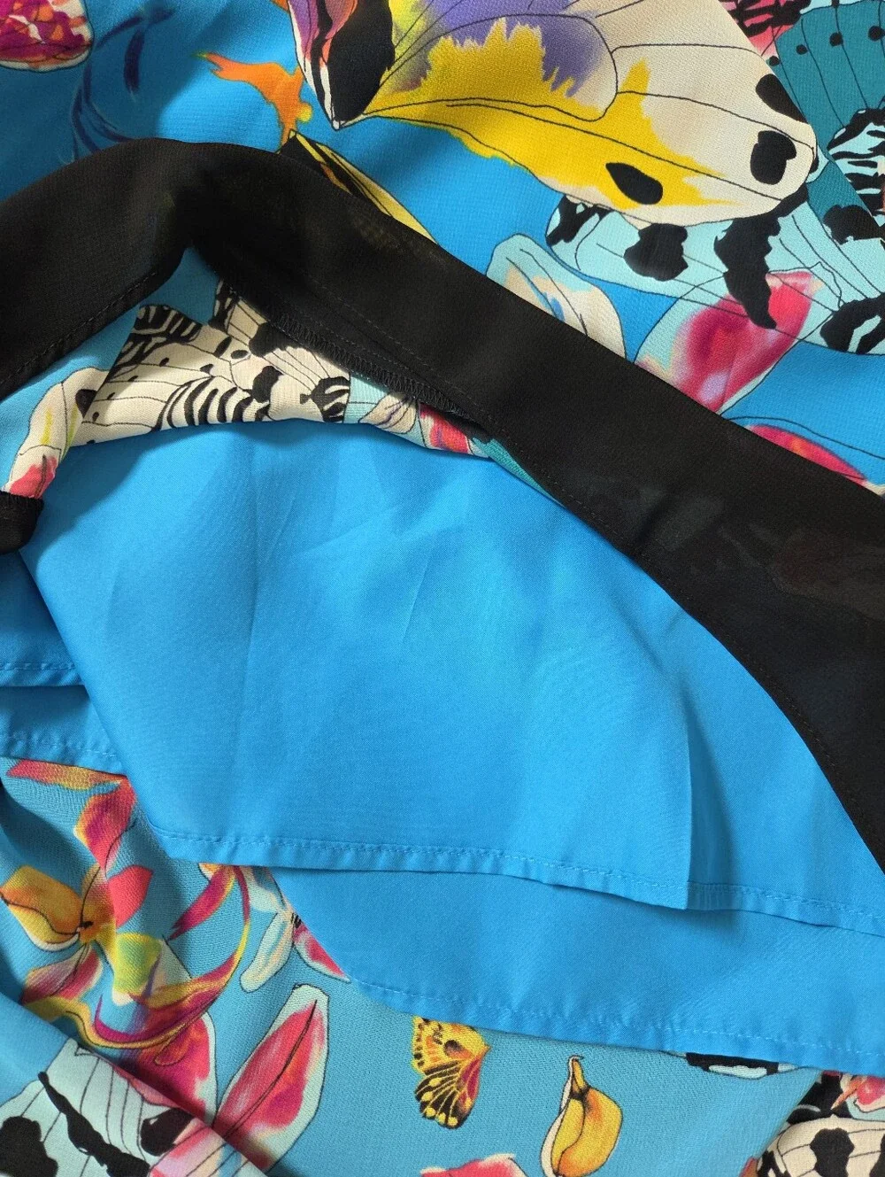 Nicole Miller Blue Butterfly Print High-Low Skirt with Black Trim